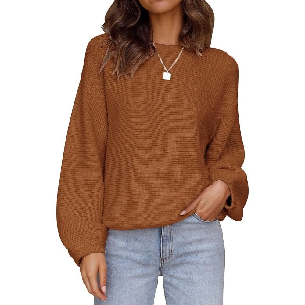 Women's Pullover Sweater Tops Dark Brown Crew Neck Long Sleeve Casual Loose Knit
